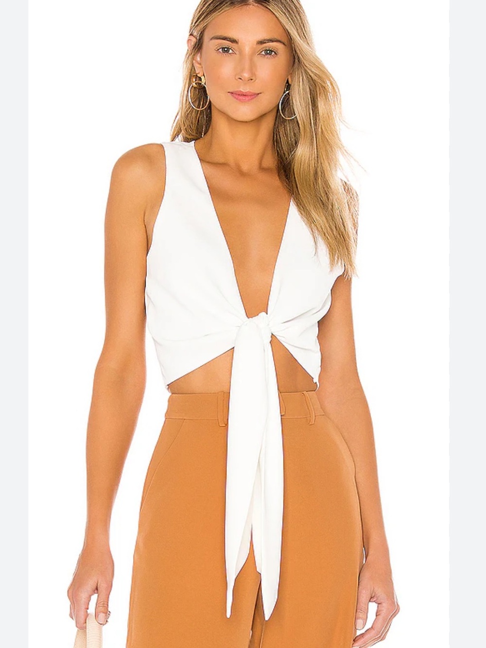 L'Academie White Sleeveless Tie-Front Crop Top
